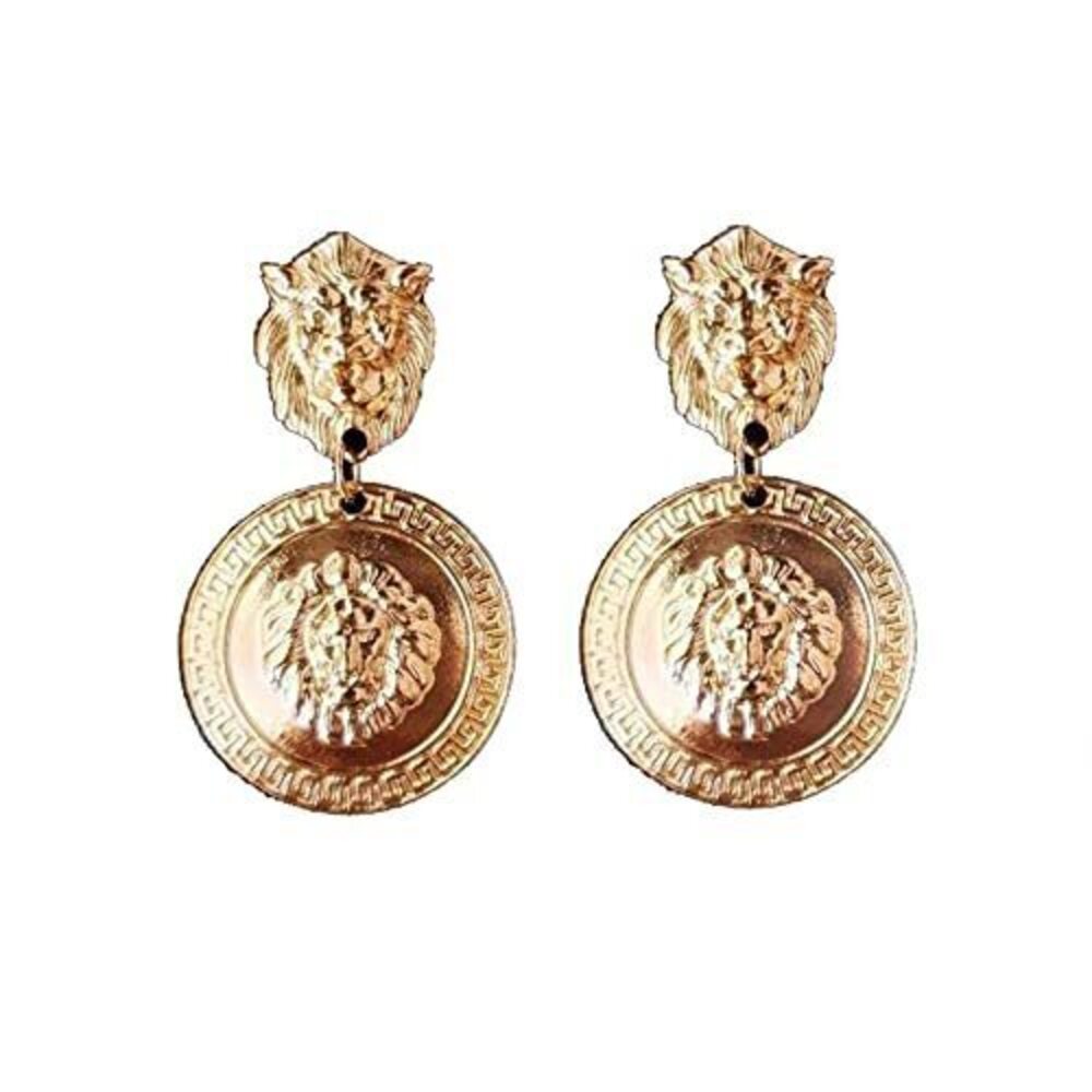 2255 Lion Head Earrings Coin Gold Baroque Earrings Vintage 80's